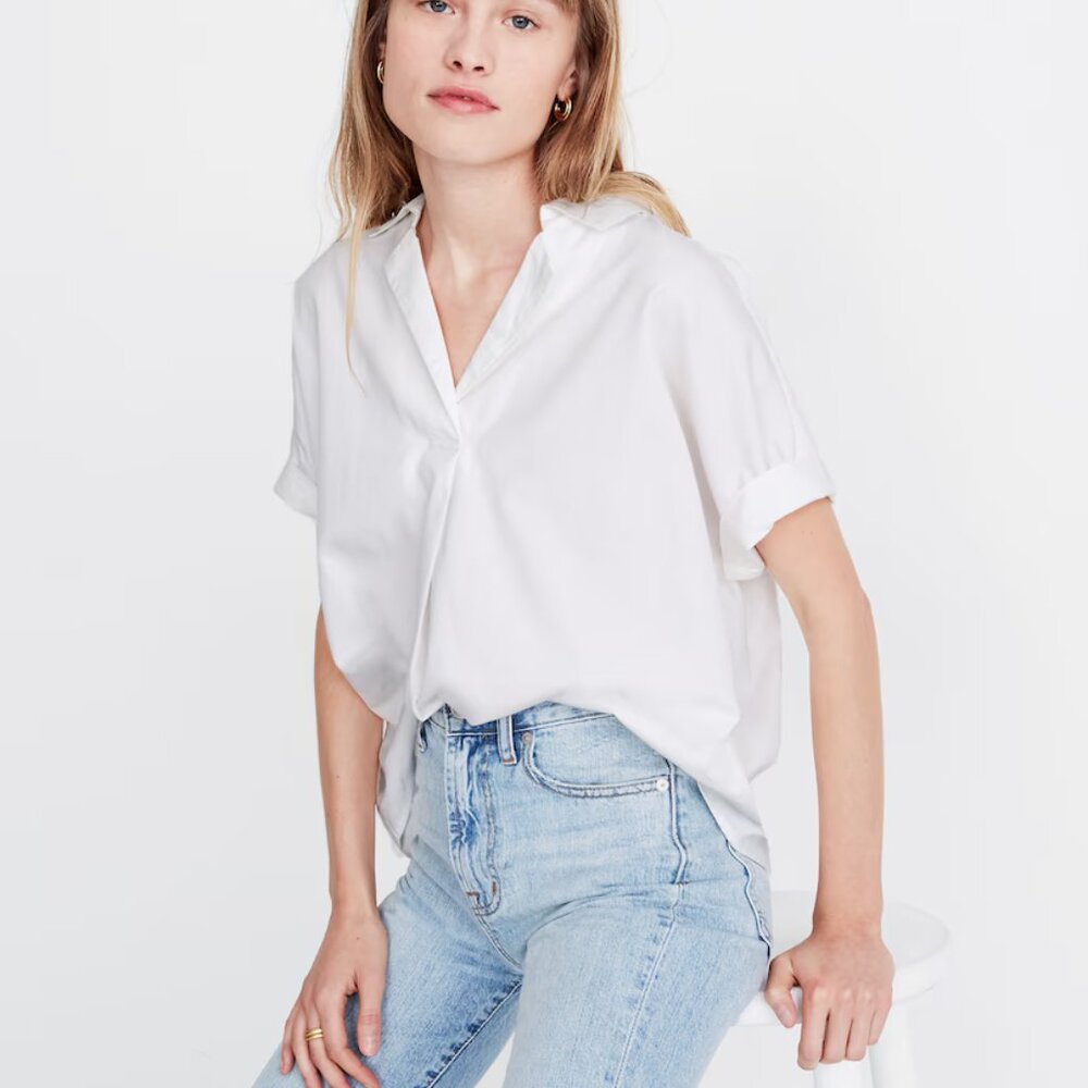 Madewell Park Popover Shirt Womens XS White Short Sleeve V-Neck Blouse